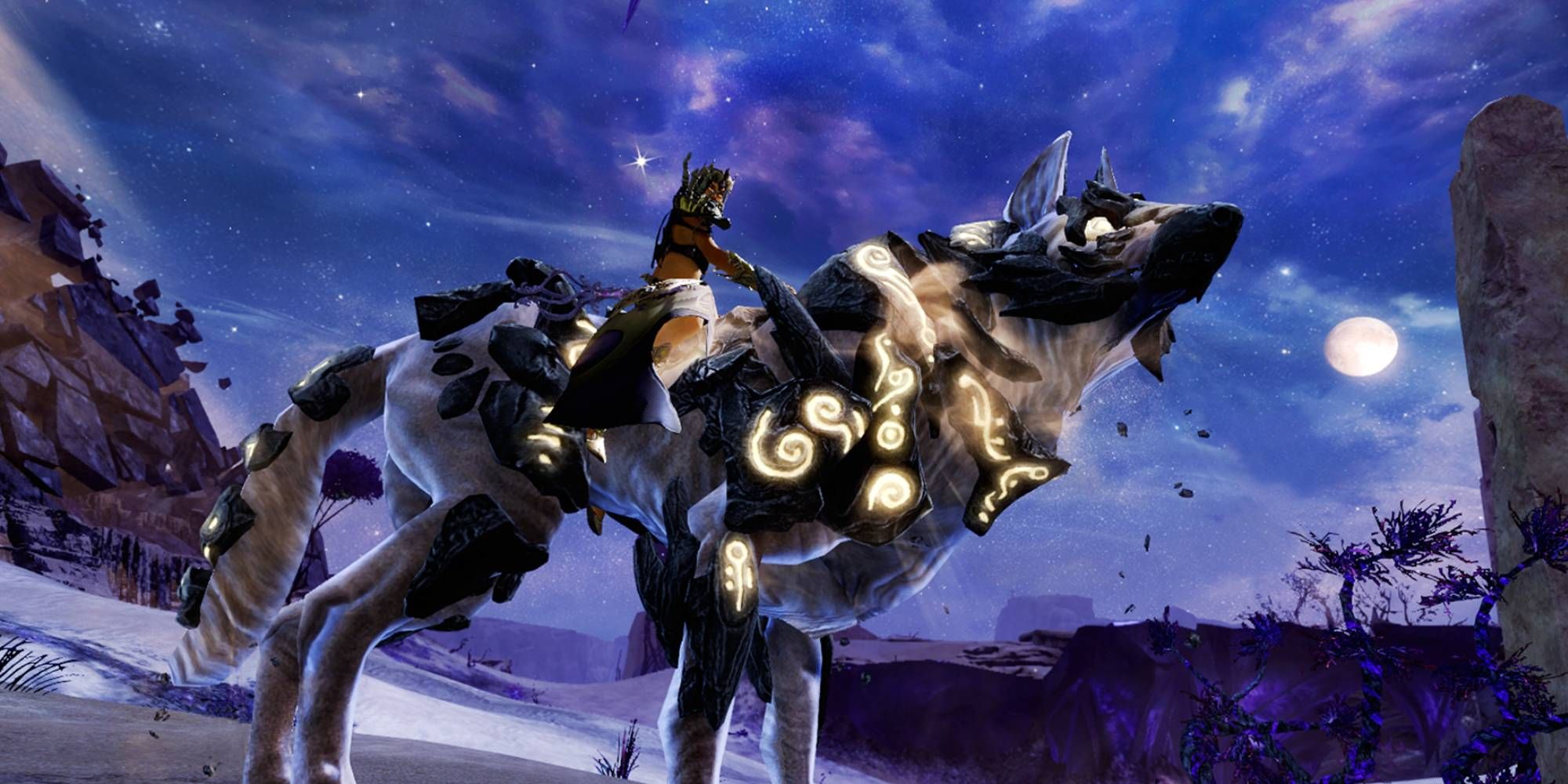 A figure rides a glowing wolf amidst a night sky