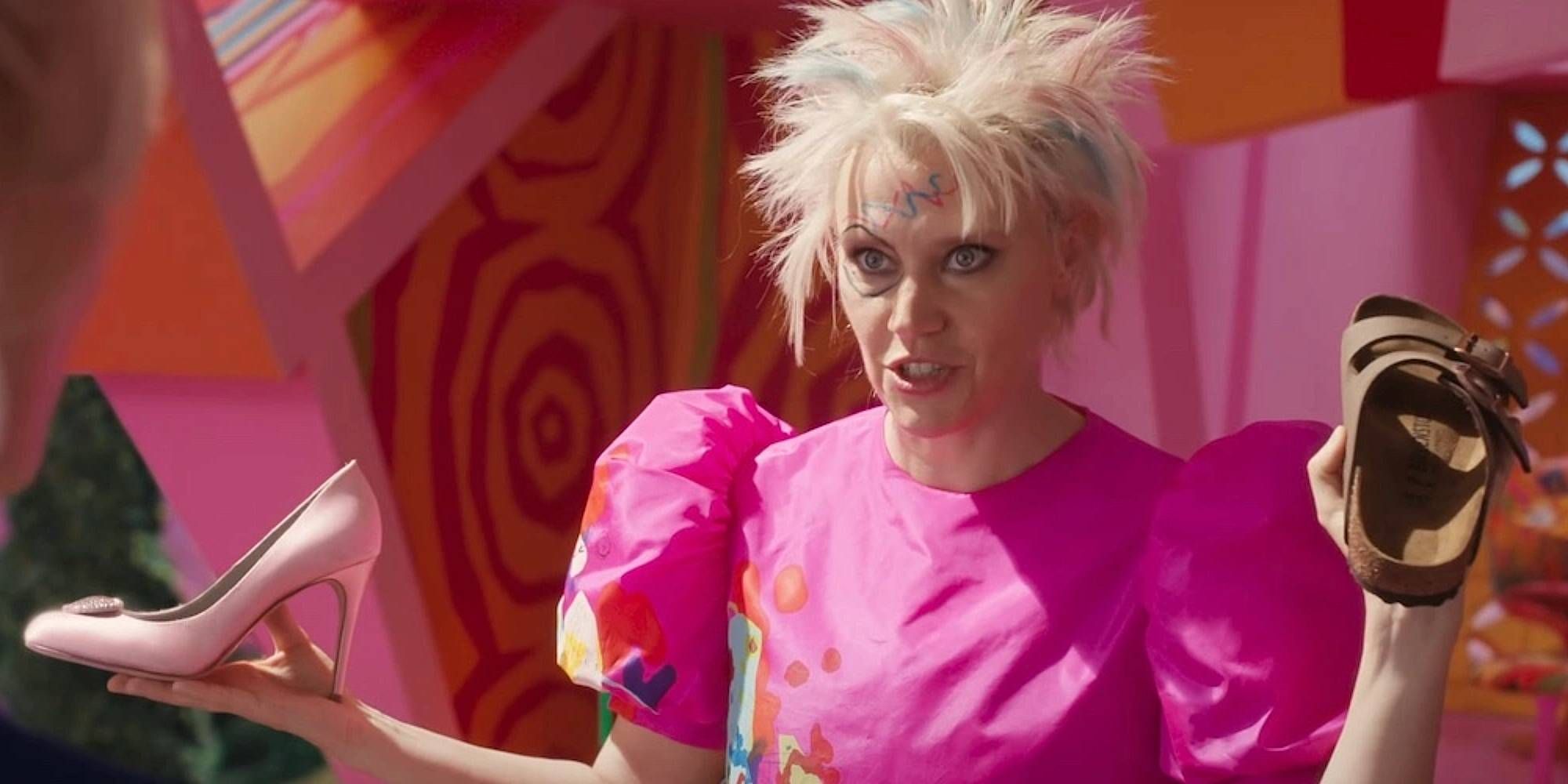 A messy Barbie with wild hair and crayon drawings holding a high heel and flip flop