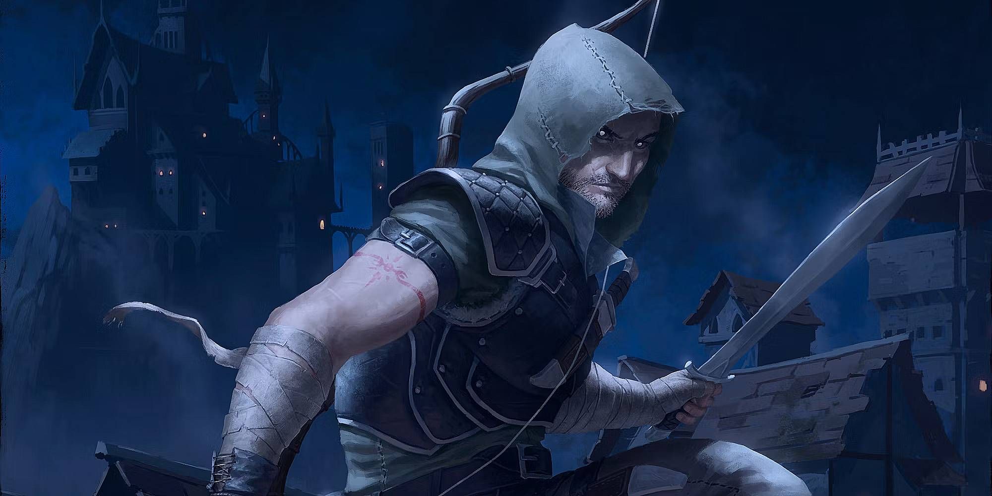 A hooded figure brandishes a sword as he stares ahead at night