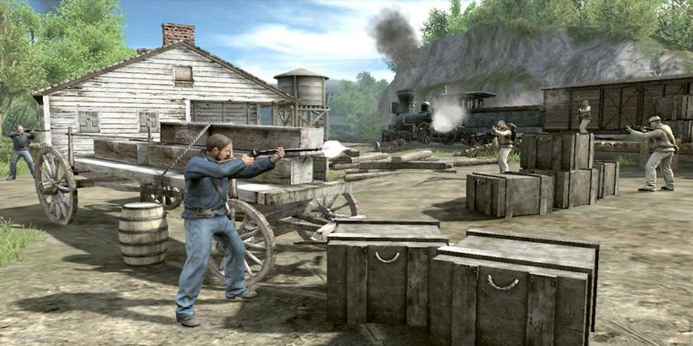 Soldiers fighting against each other in front of train in History Civil War Secret Missions