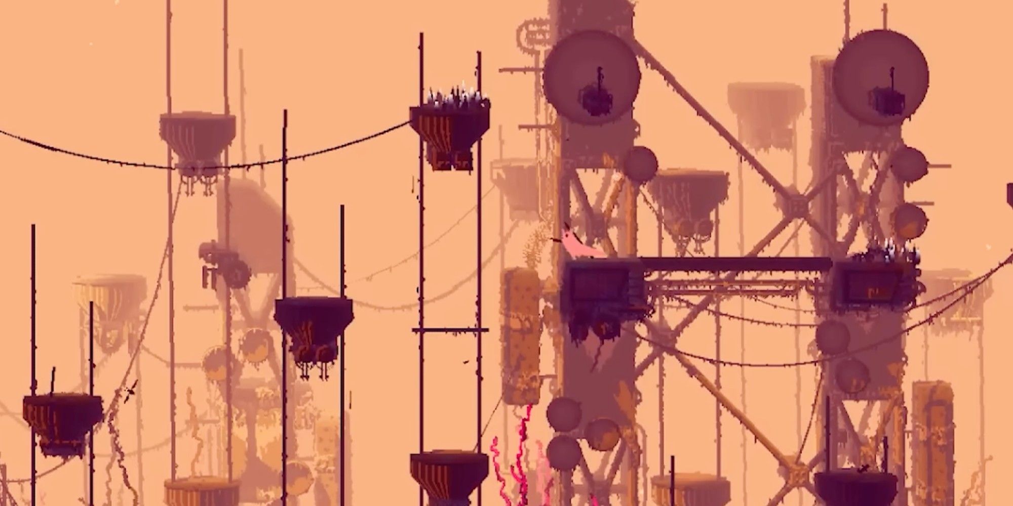 The Hunter stands on a platform high in the sky