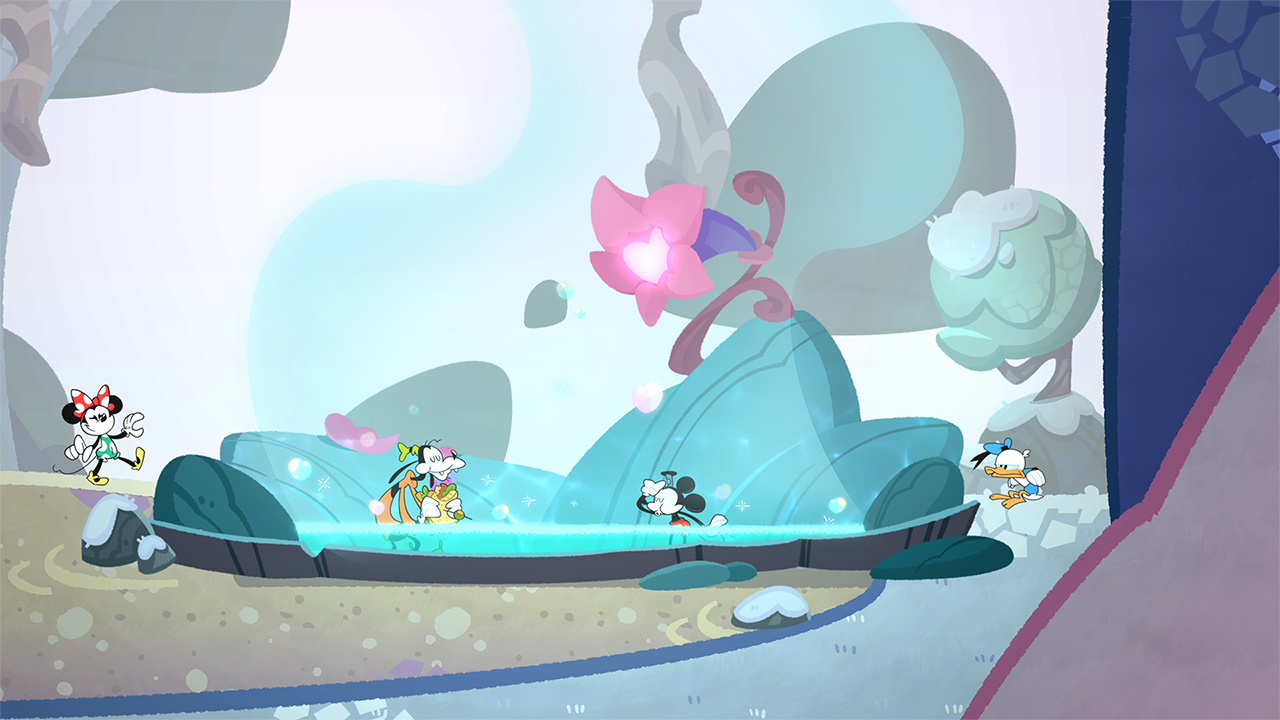 Mickey, Minnie, Goofy, and Donald adventuring in Illusion Island.