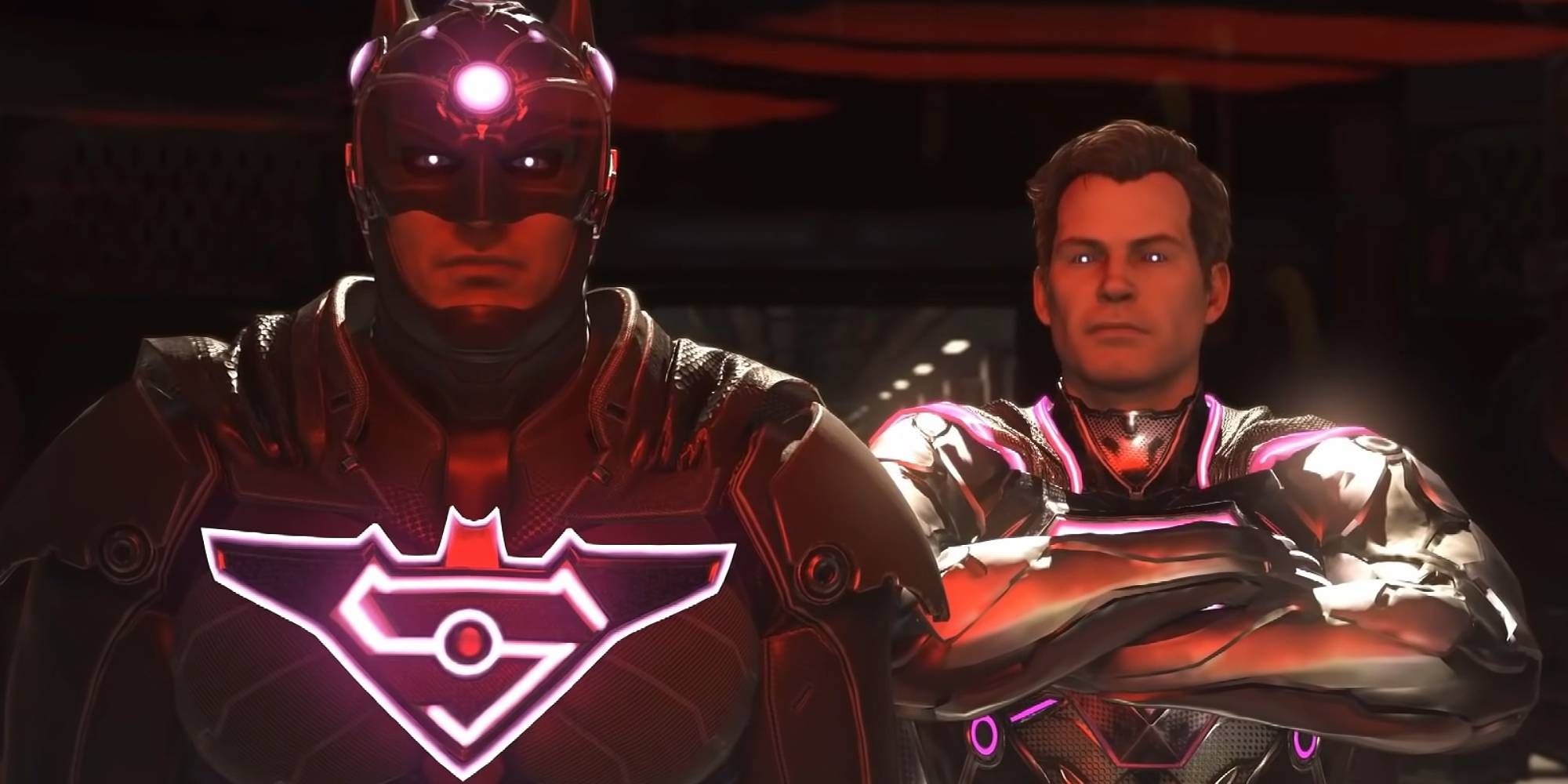 Superman standing besides Batman who is adorned in purple glowing technology