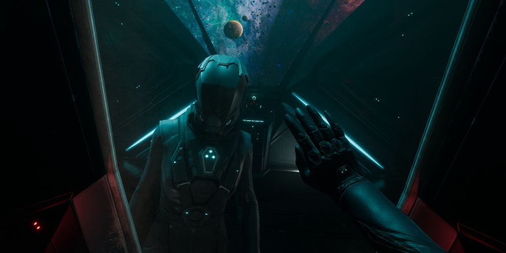 Inside a space pod with someone outside