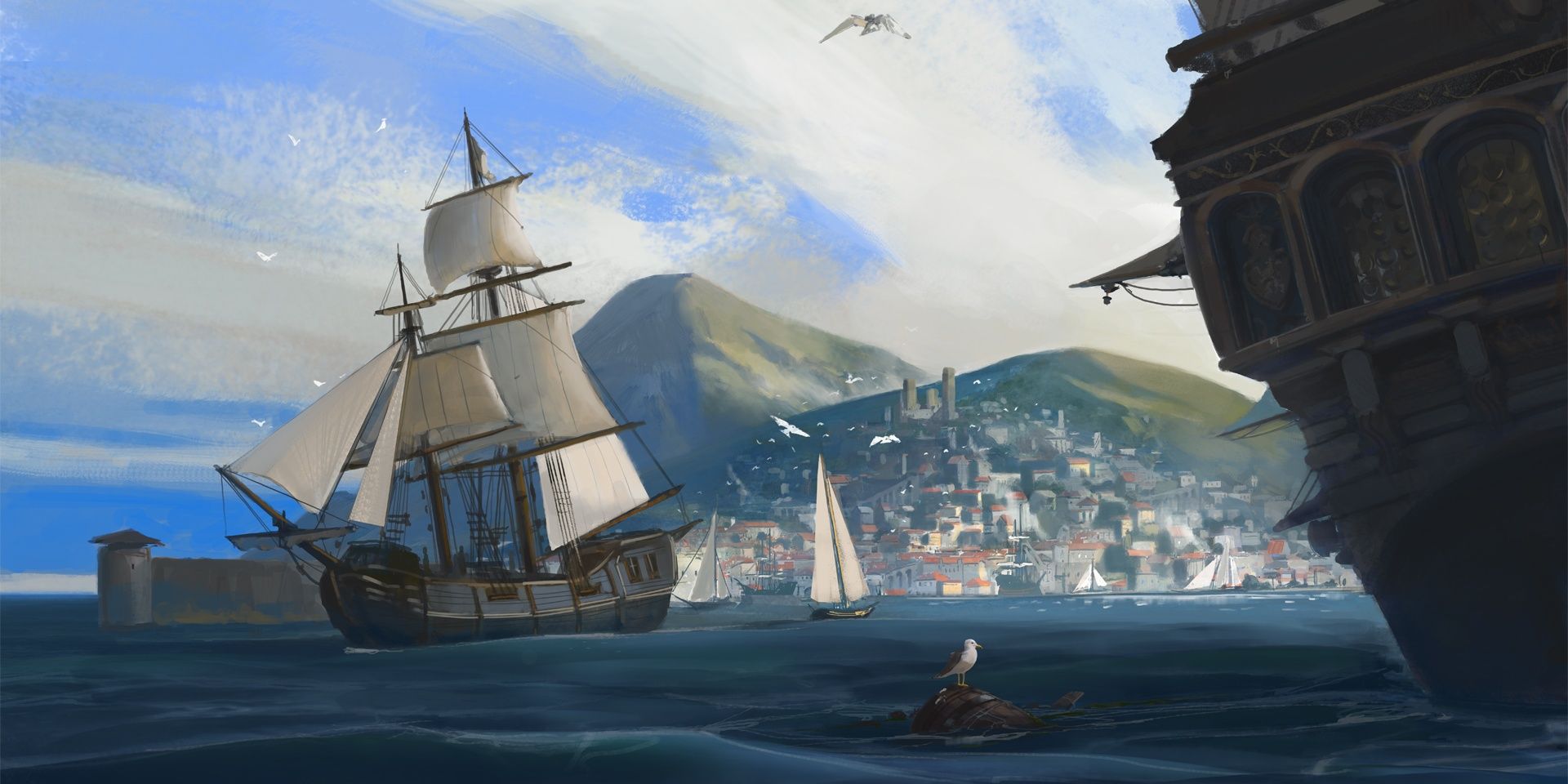 distant view of island town and sailing ships