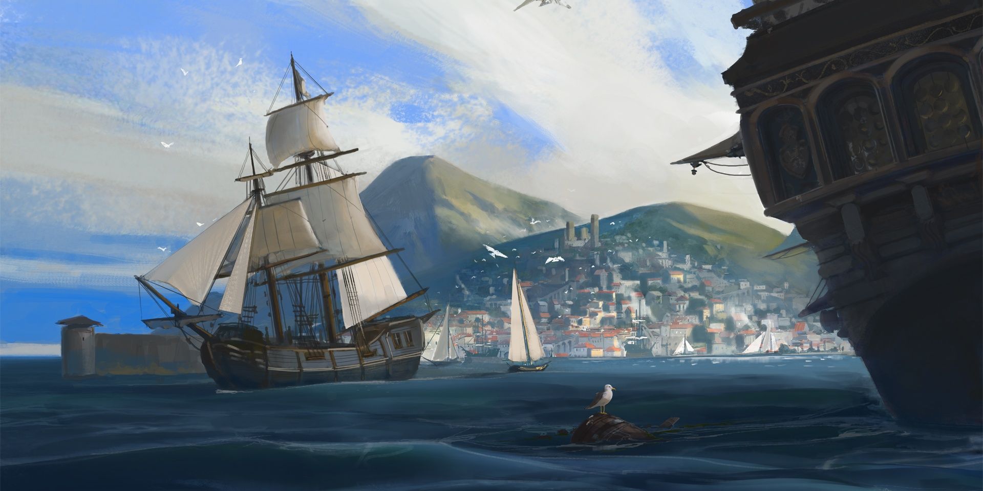 Ship sails out of island harbor