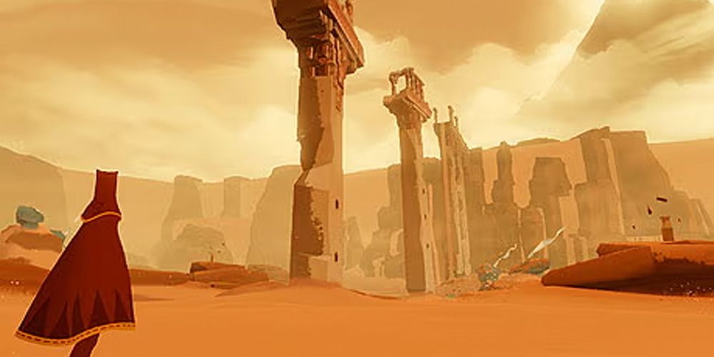 Journey man stands in desert looking at ruins