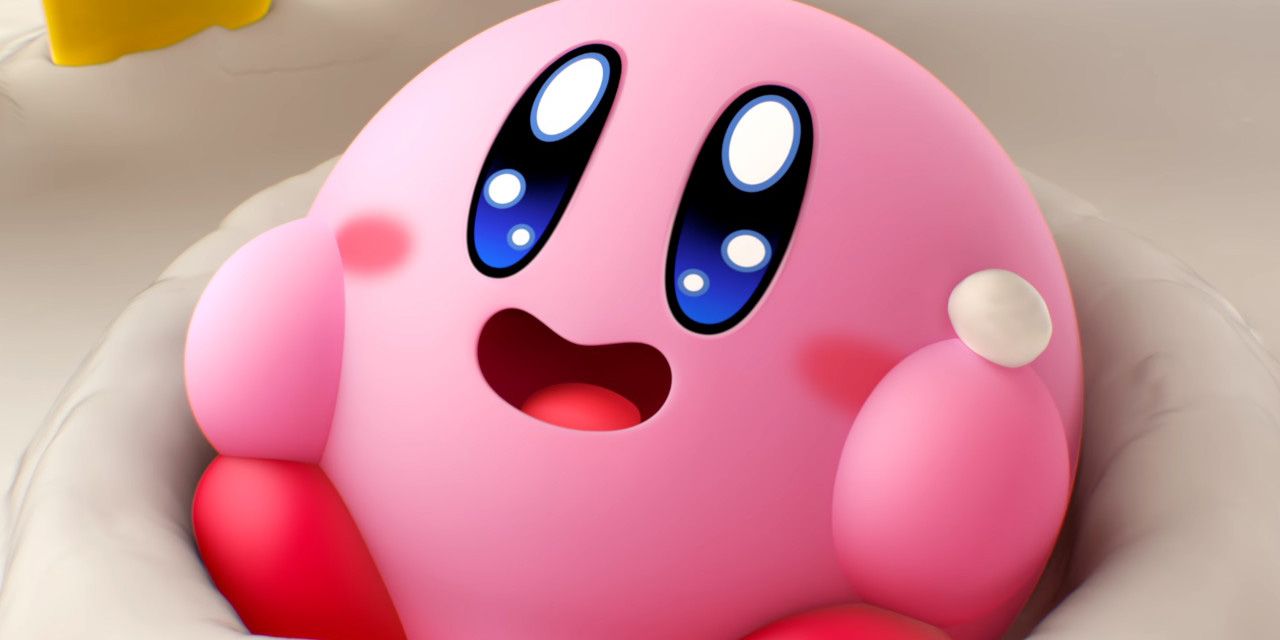 Kirby's Dream Buffet - Kirby Smiling At A Giant Cake