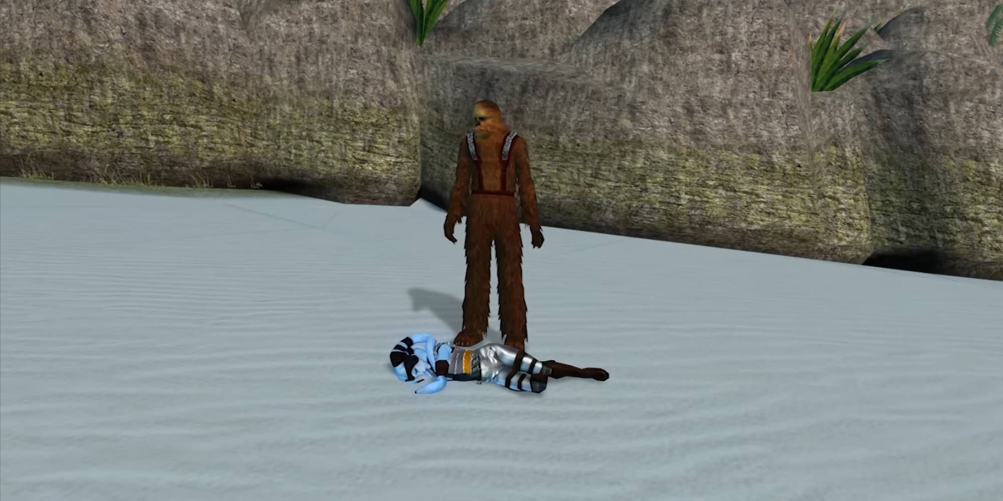 A Wookie stands over a deceased blue Twi'lek on a beach