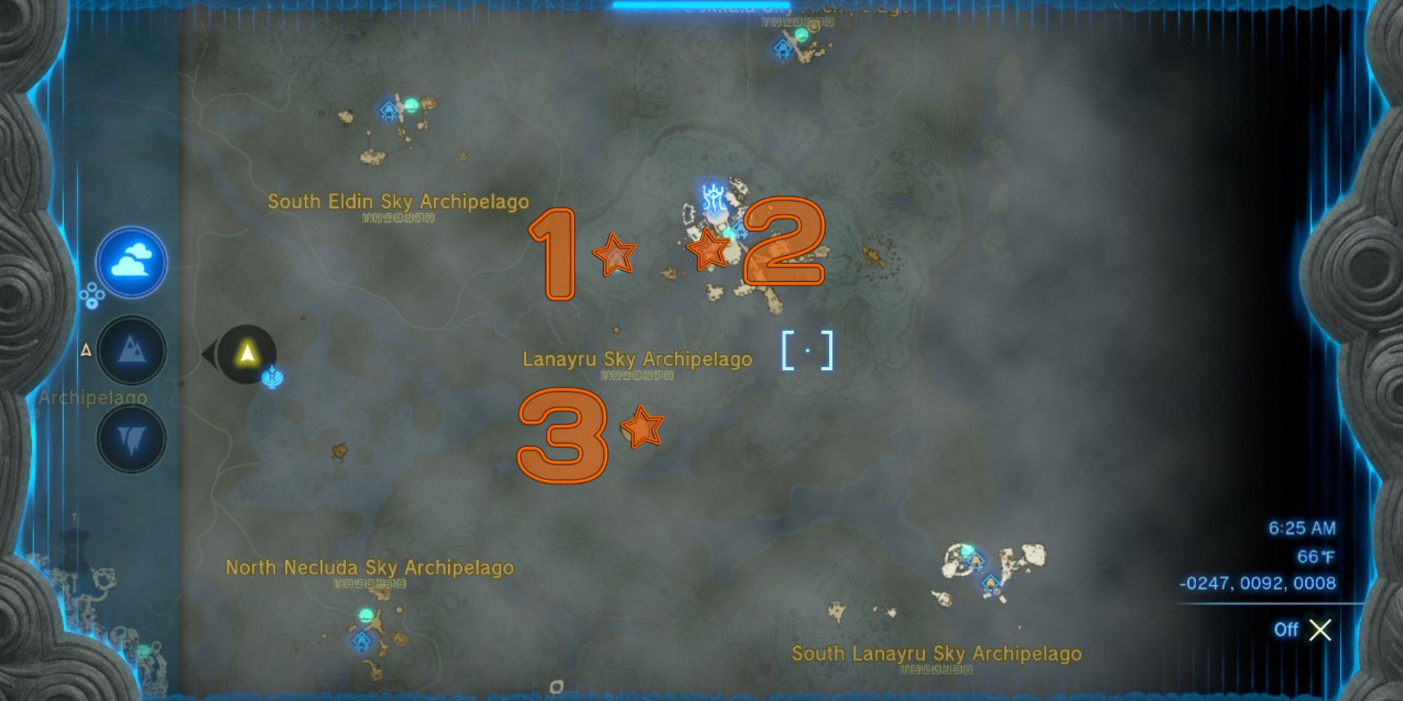 Map showing locations of Sage's Wills in Lanayru Sky in Tears of the Kingdom.