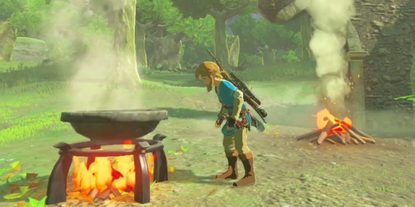 Link watching a cooking pot at a camping spot as it cooks in The Legend of Zelda: Breath of the Wild.