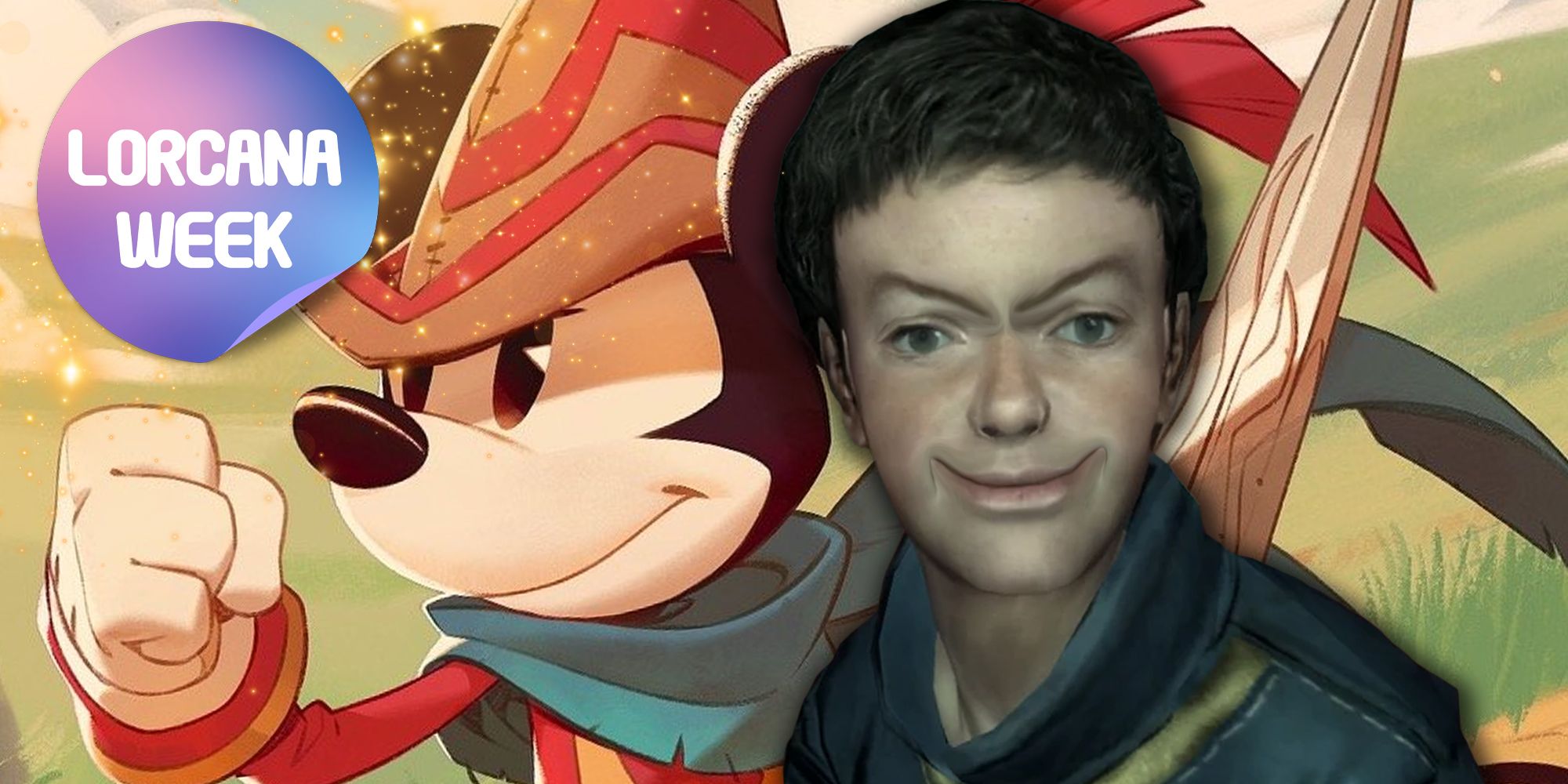 An image of Mickey Mouse from Lorcana with an evil smirking child from Fallout with a Lorcana Week icon on the top left.