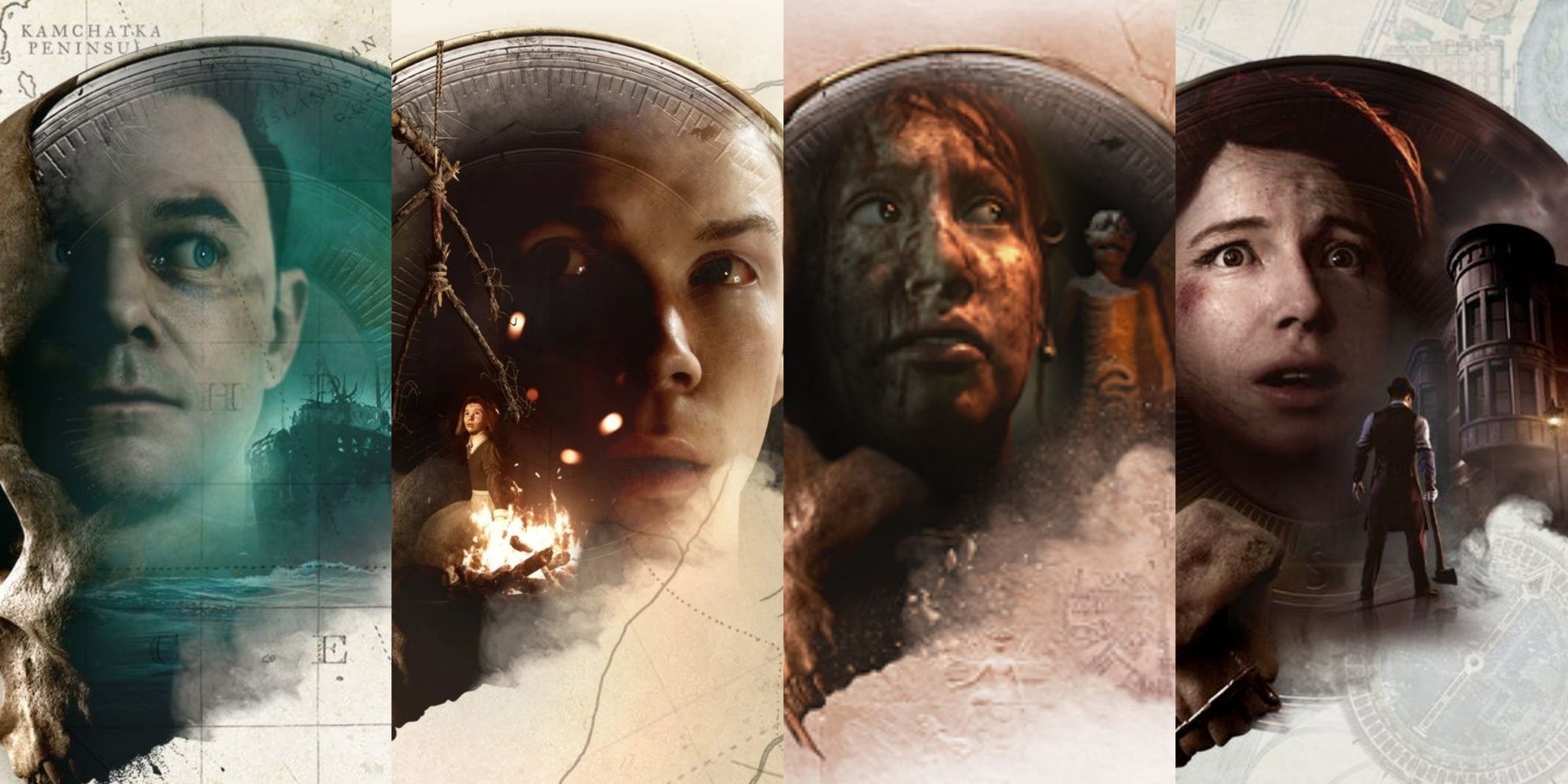 The faces of one of the protagonists of each Dark Pictures Anthology games inside skulls
