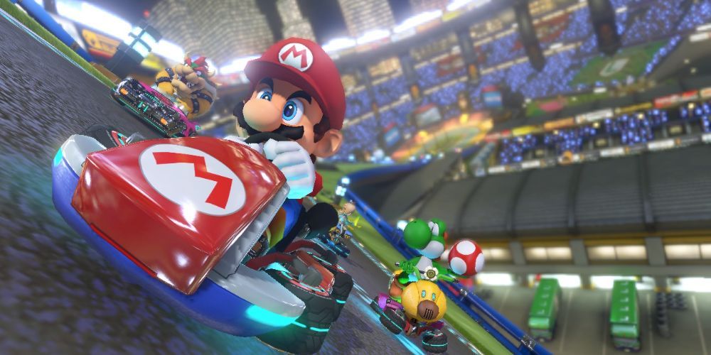 Mario Driving a Race Kart With Yoshi Bowser and Rosalina at the Back