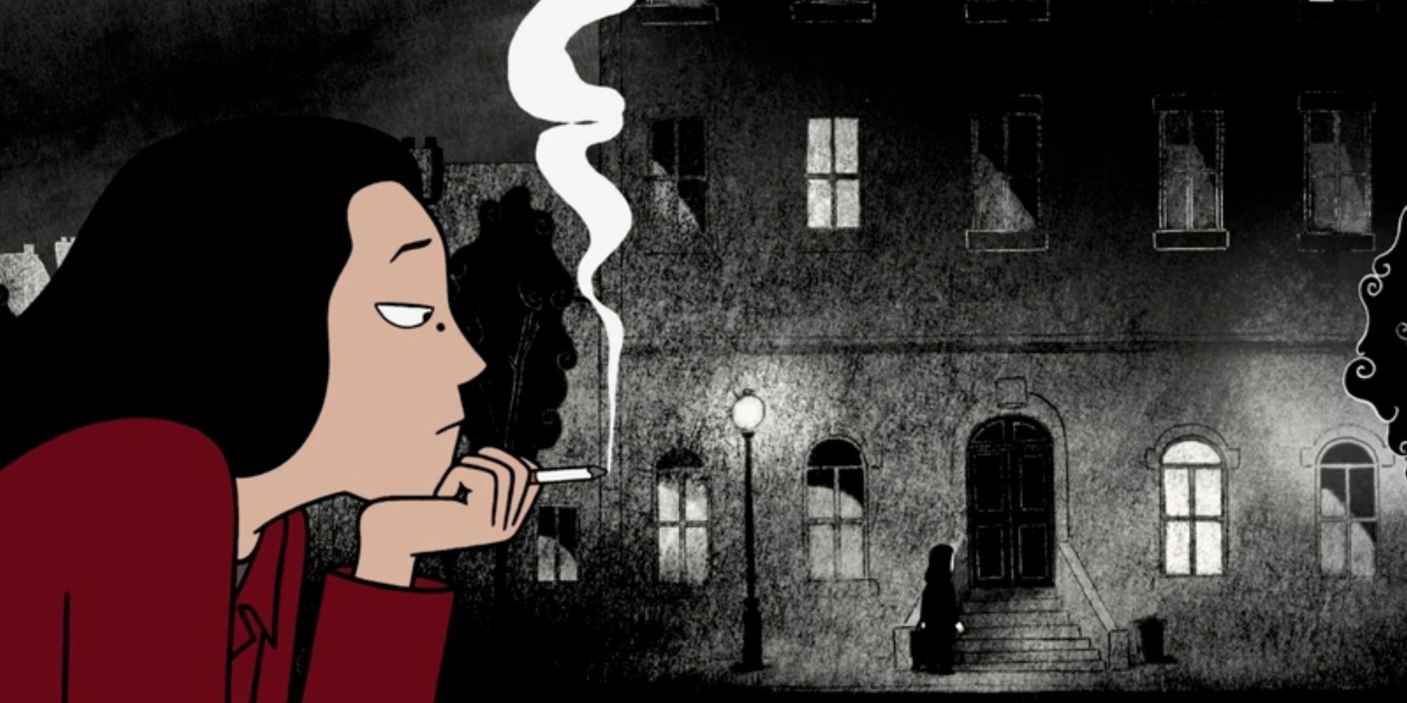 Marjane holding a cigarette in front of a black and white building in Persepolis