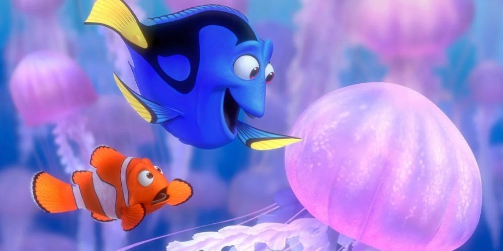 Marlin and Dory surrounded by jellyfish