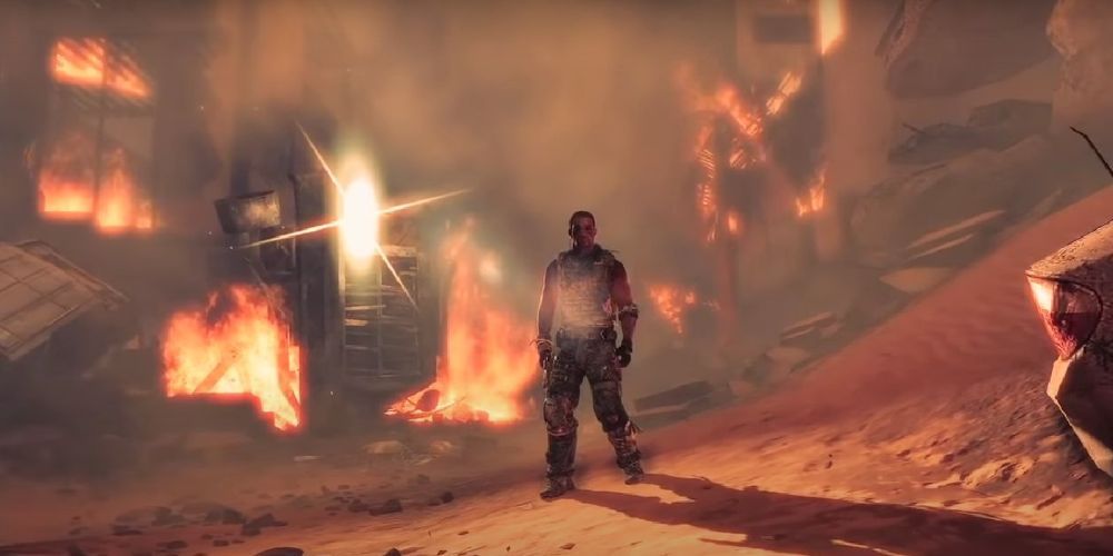 Martin Walker from Spec Ops The Line against a background of fire.