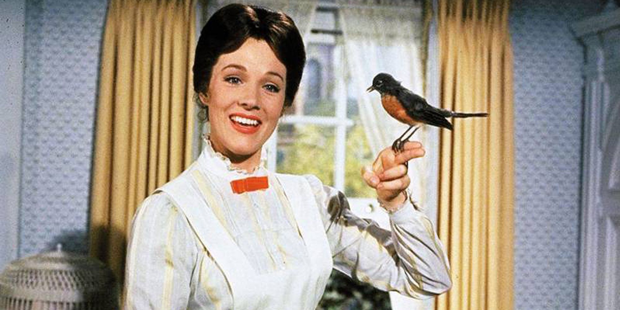 Mary Poppins Holding Bird, Spoonful of Sugar, yellow curtains