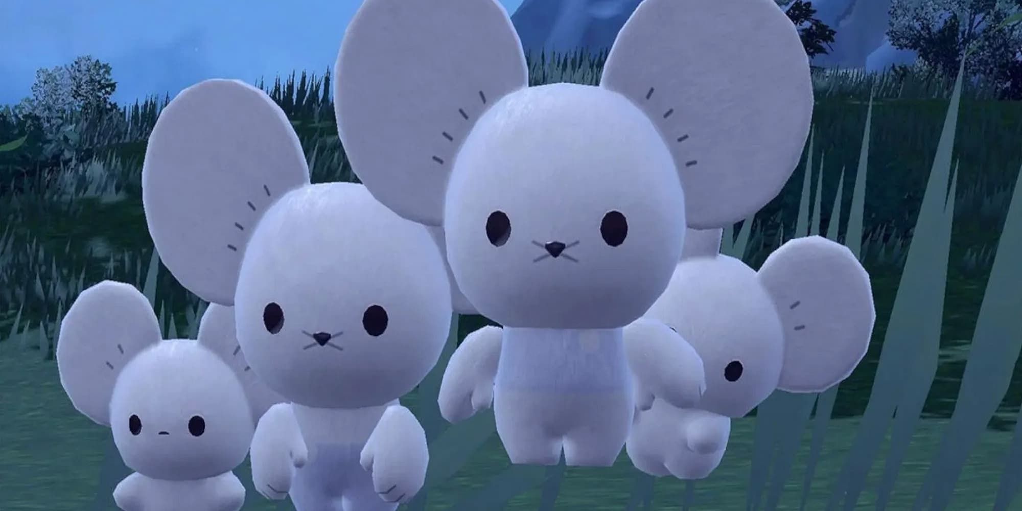 Maushold (Family of Four) stands in the tall grass in Pokemon Scarlet and Violet.