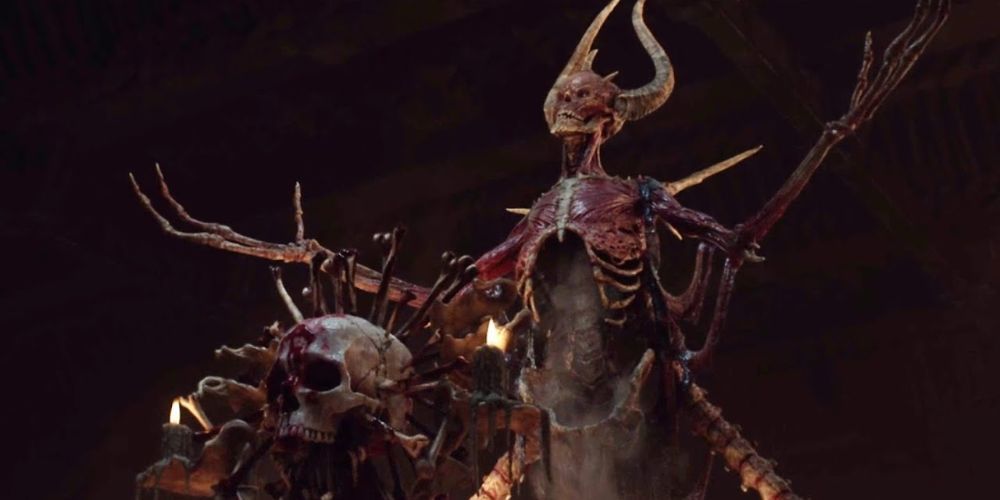 Mephisto in front of a skull altar praying