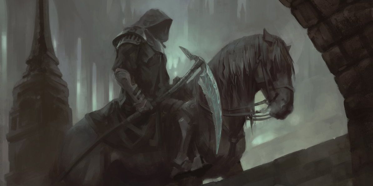 hooded figure wielding a scythe riding a black horse in a dark city