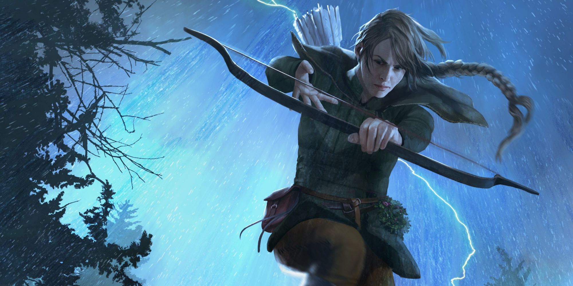 Milva jump sin the air aiming her bow in her gwent card art for the Witcher