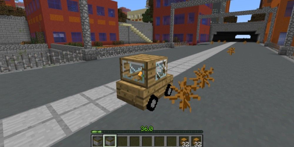 A Minecraft car driving down a city street