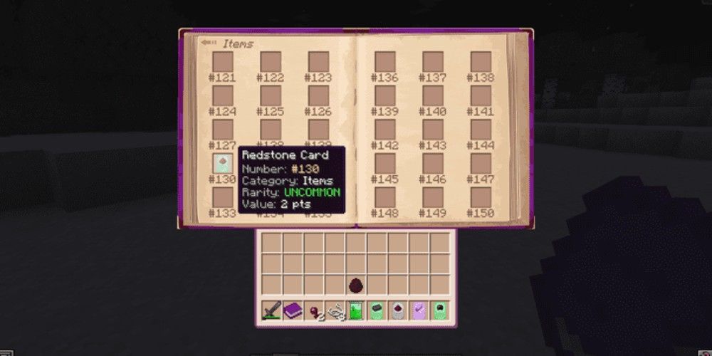 Close-up of a book in Minecraft that has slots for various cards
