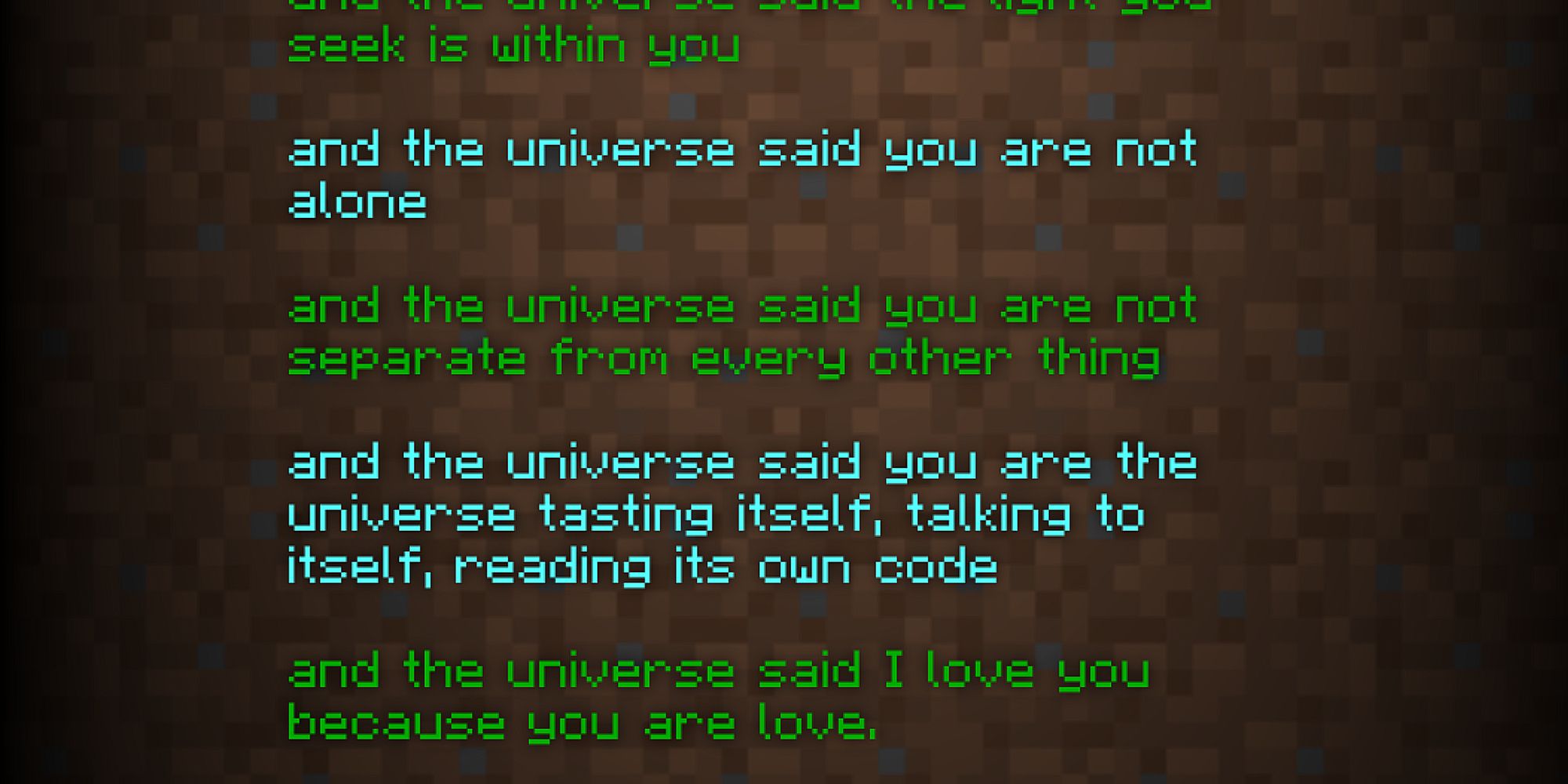 A string of pixelated text in blue and green from the Minecraft credits