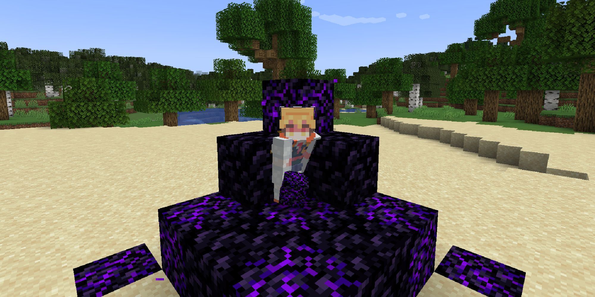 player standing on pile of obsidian