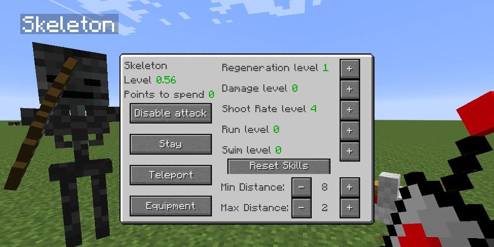 Modded Minecraft UI shows the stats and settings for a Skeleton mob (who is standing off to the left)