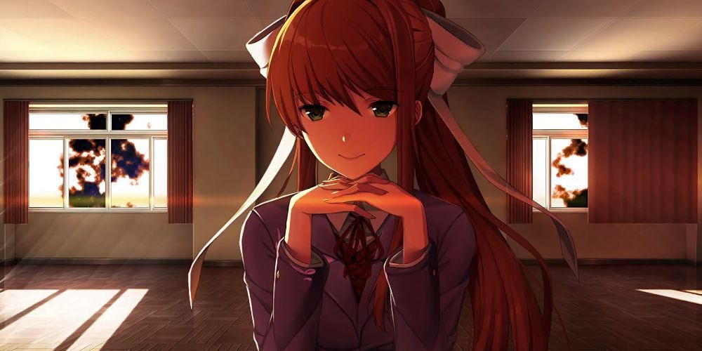 Monika from Doki Doki Literature Club in a classroom