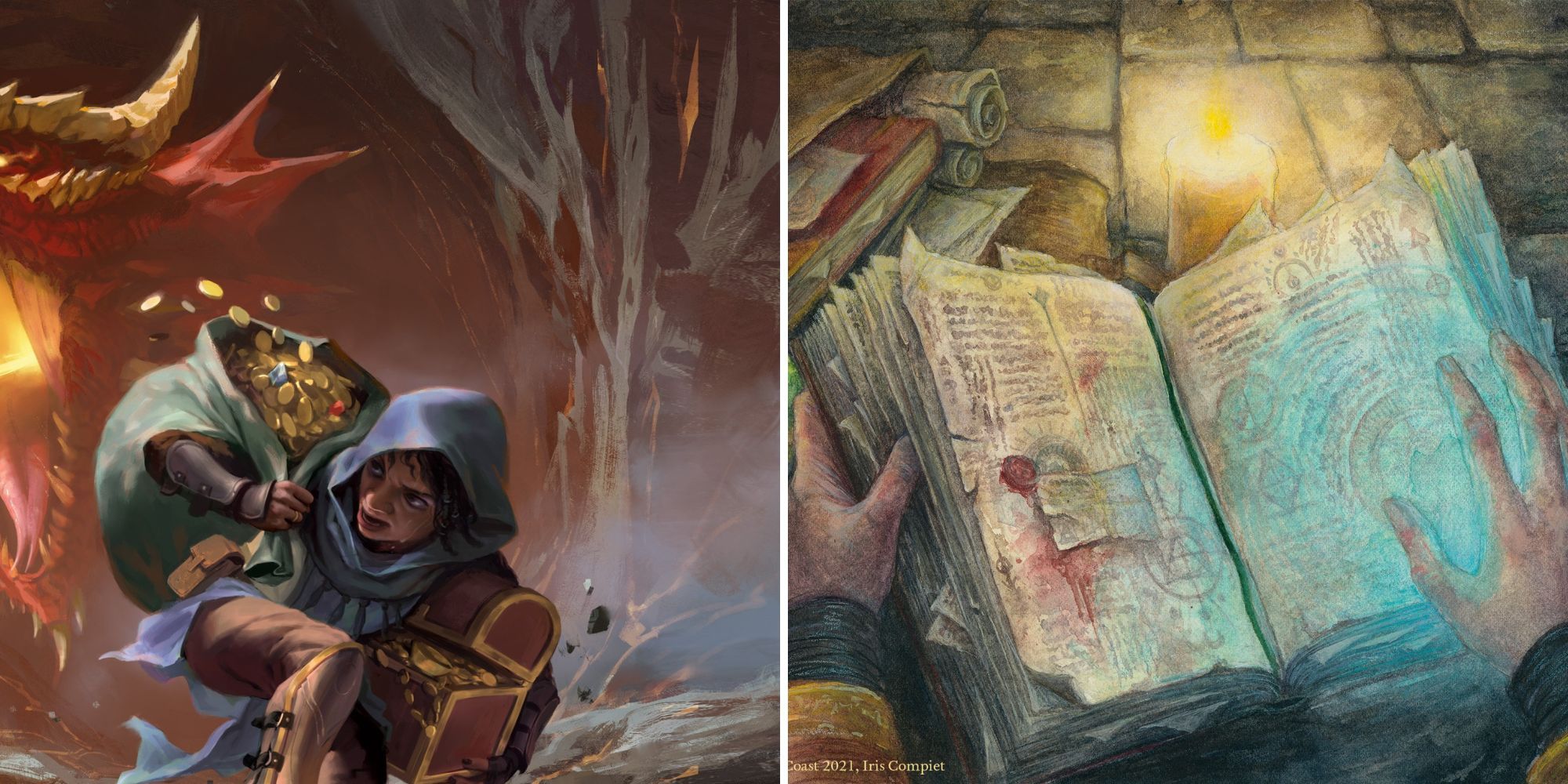 Treasure bandit runs from dragon against wizard flipping through spellbook