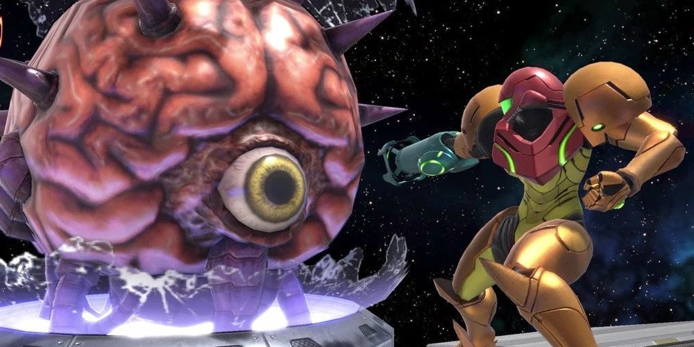 Mother Brain fighting against Samus Aran outside the spaceship