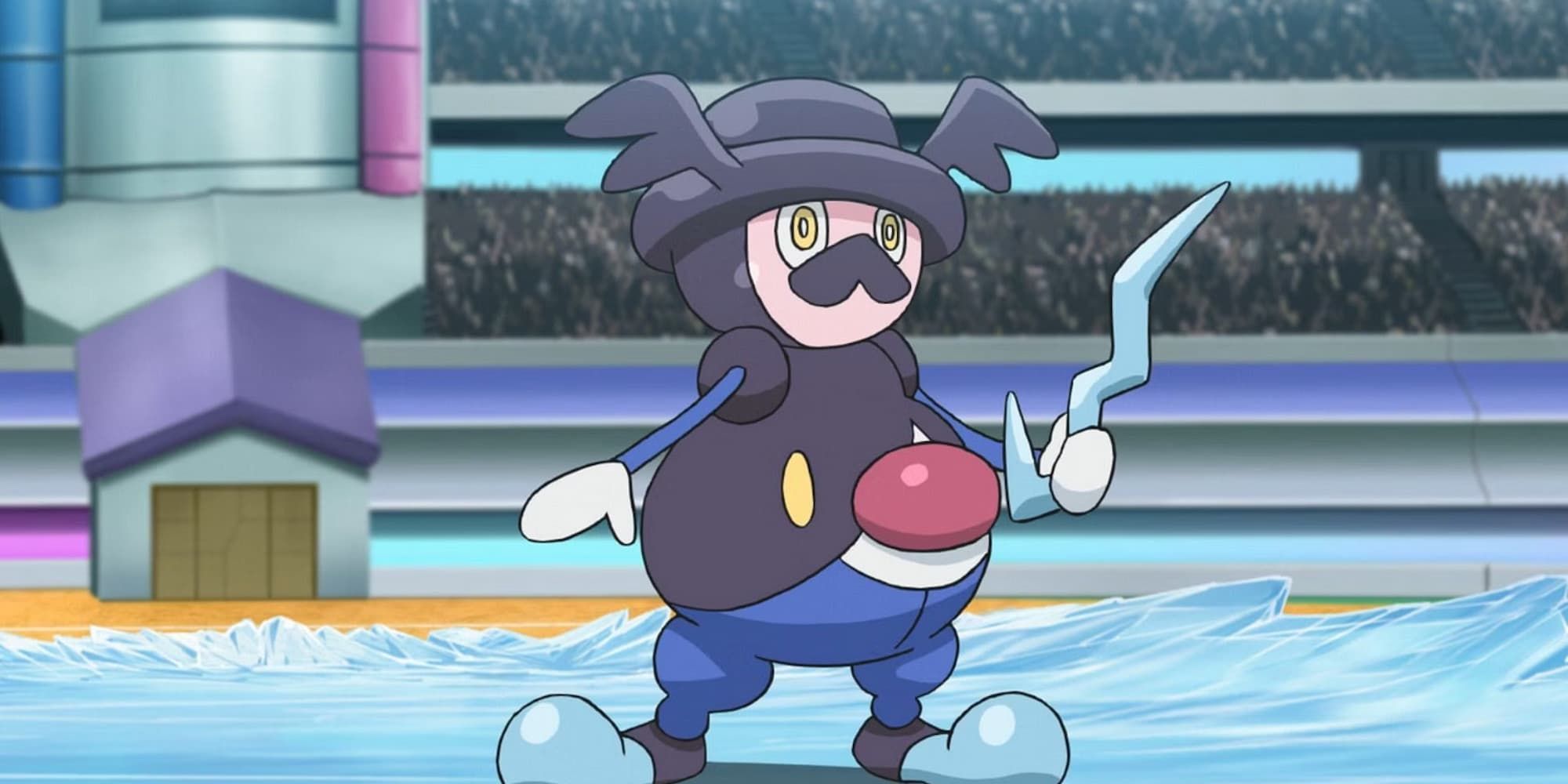 Mr. Rime points his can upwards while standing on a battling field covered in ice in Pokemon.