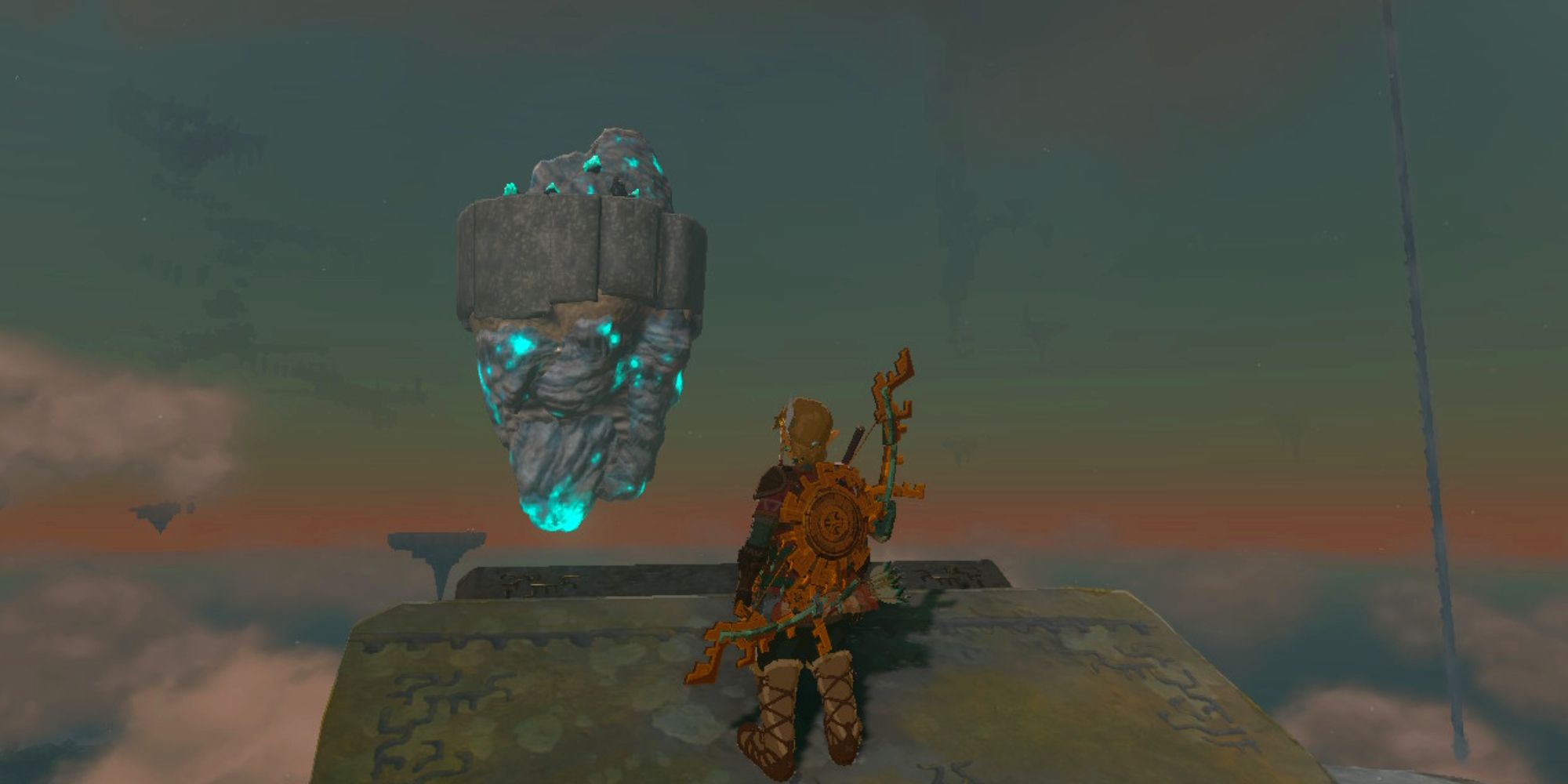 Link looks at a floating island with glowing ore where a Sage's Will is located.
