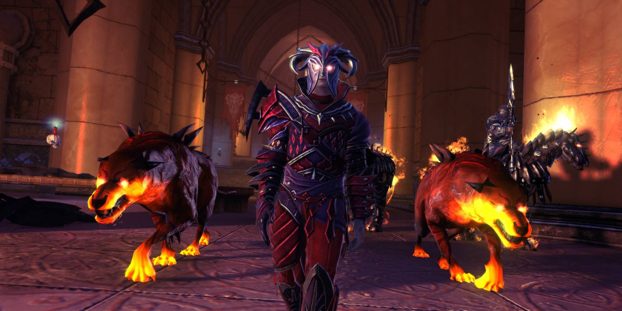 An armoured figure walks with two fiery canines