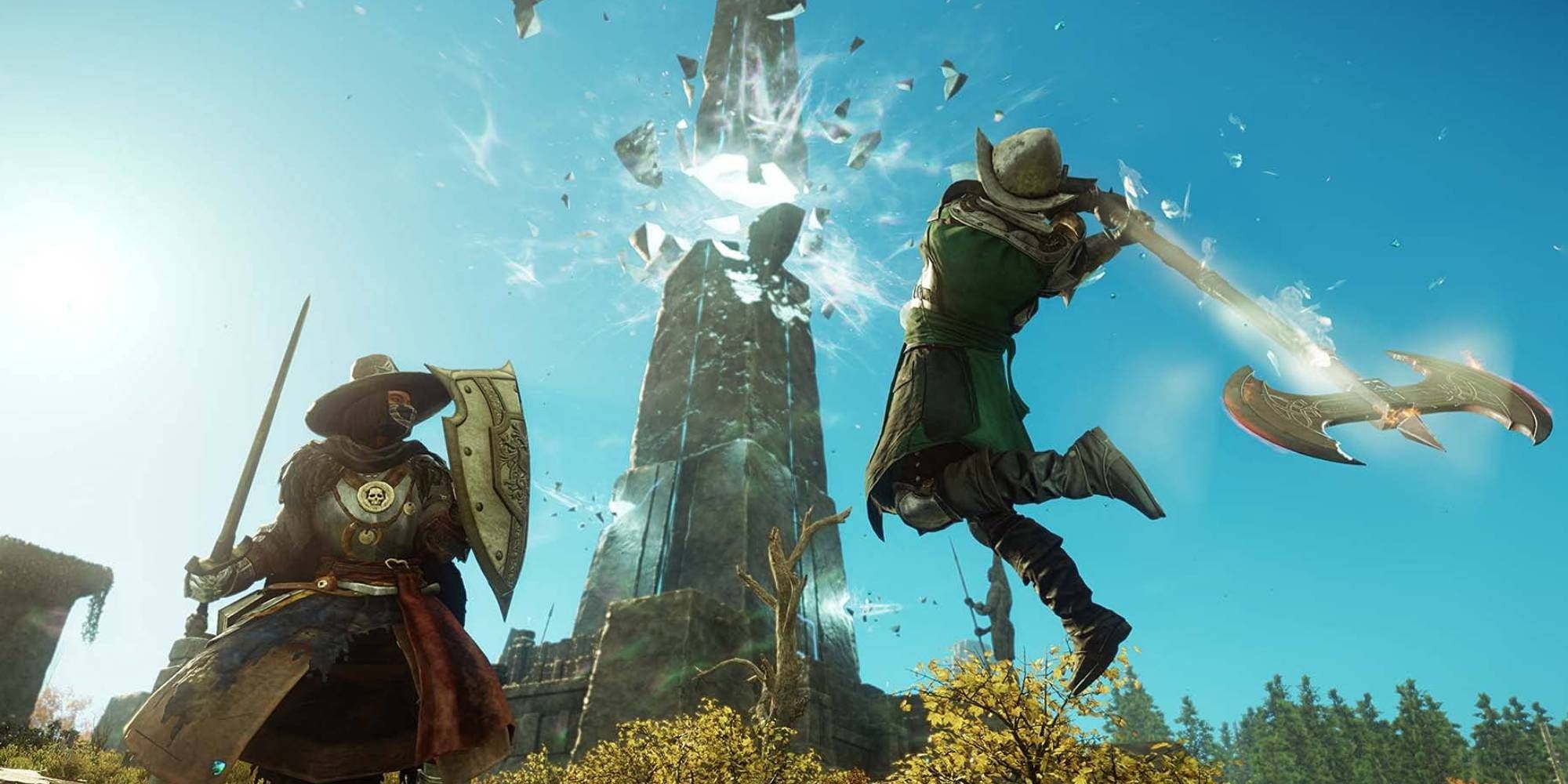 Two figures fighting each other as a tower explodes behind them