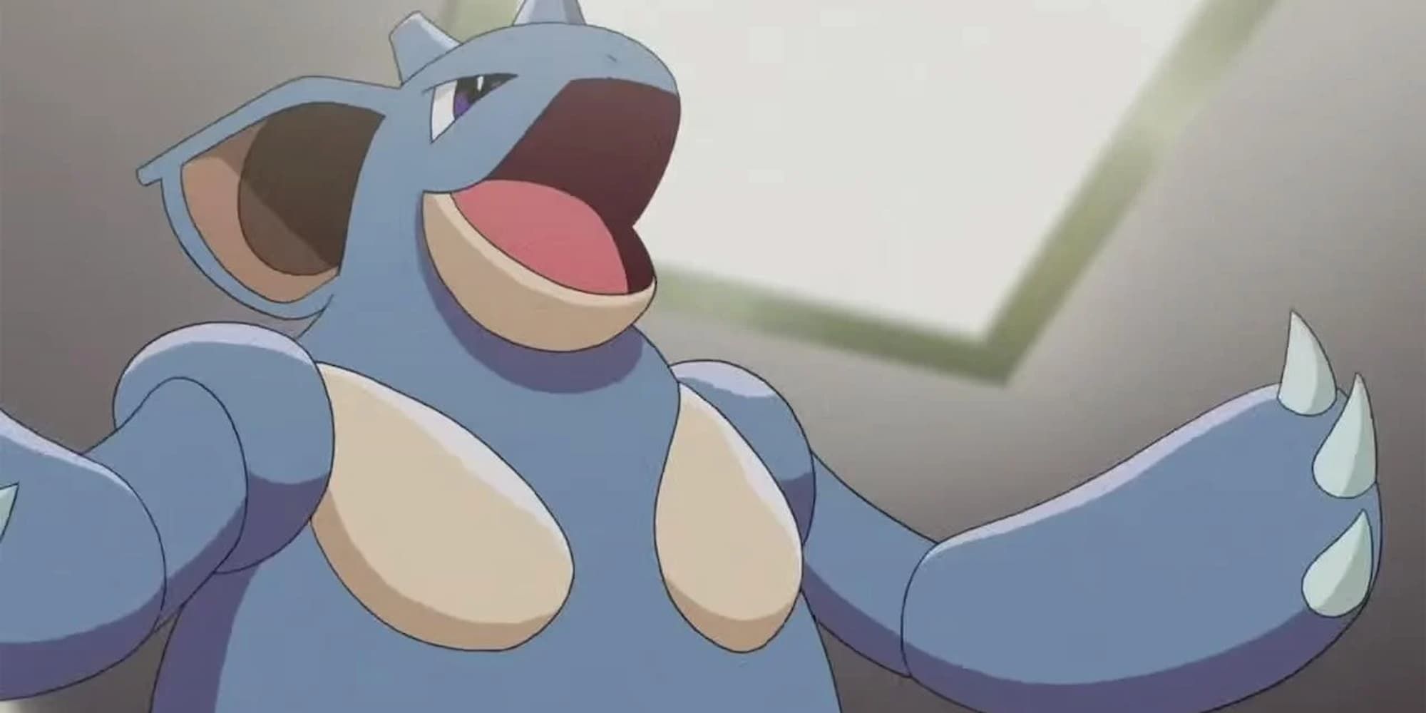 Nidoqueen holds her arms to the side and lets out a roar in Pokemon.
