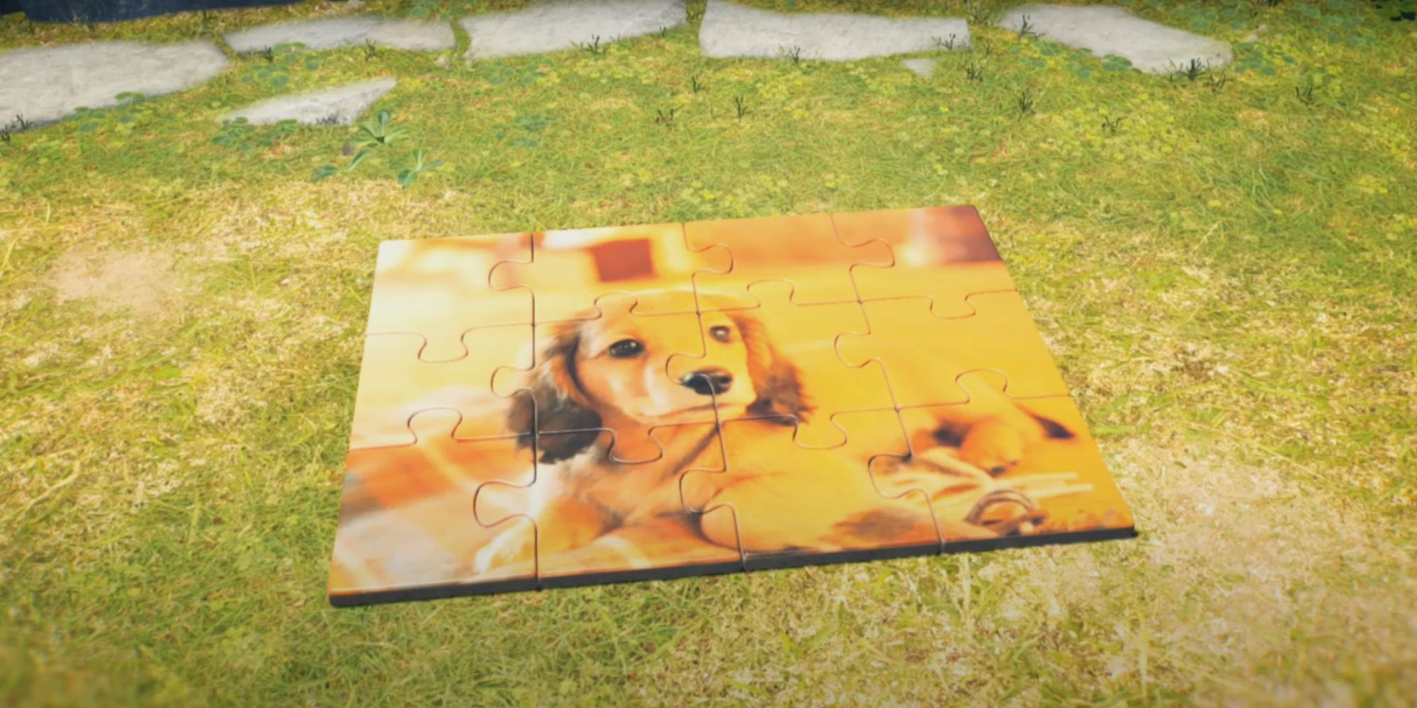 An image of a finished jigsaw puzzle showing a puppy with light brown fur.
