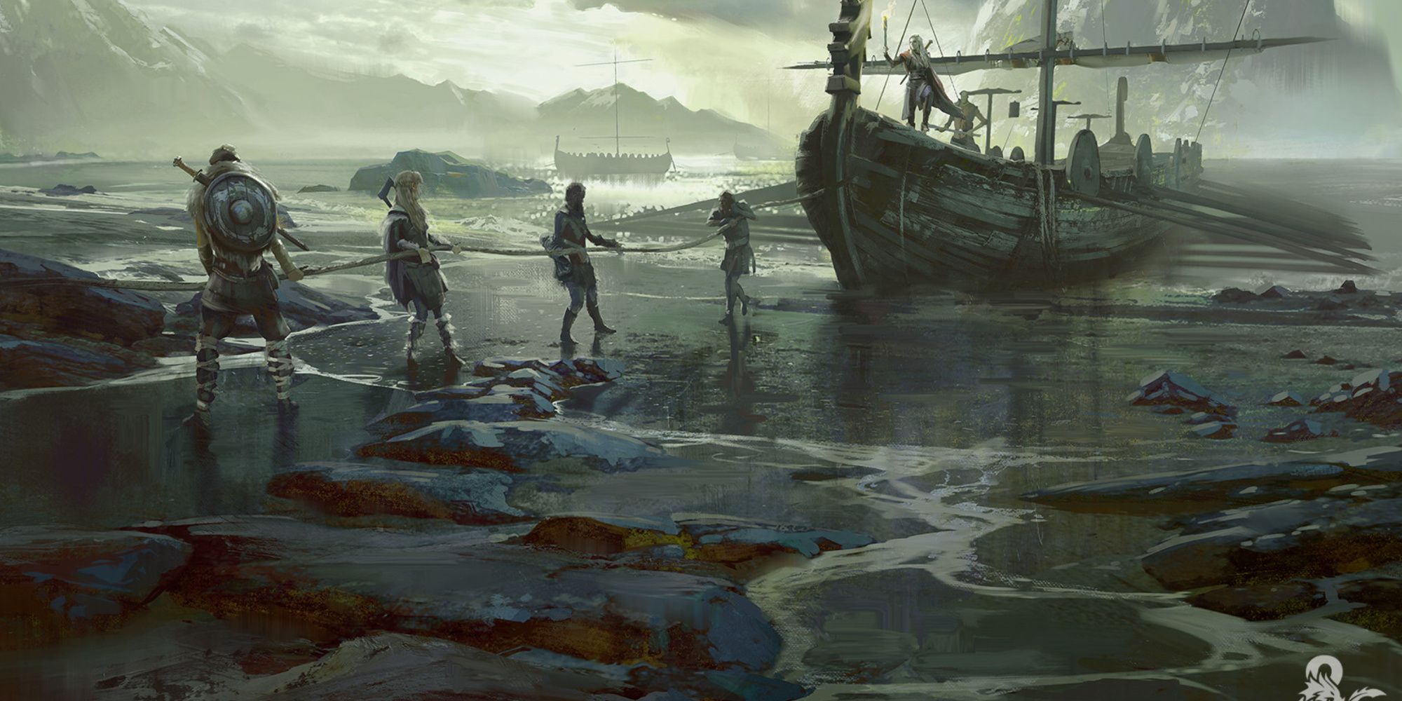 northlander longship by jedd chevrier wizards of the coast party members hauling their ship onto the coast with a line of rope