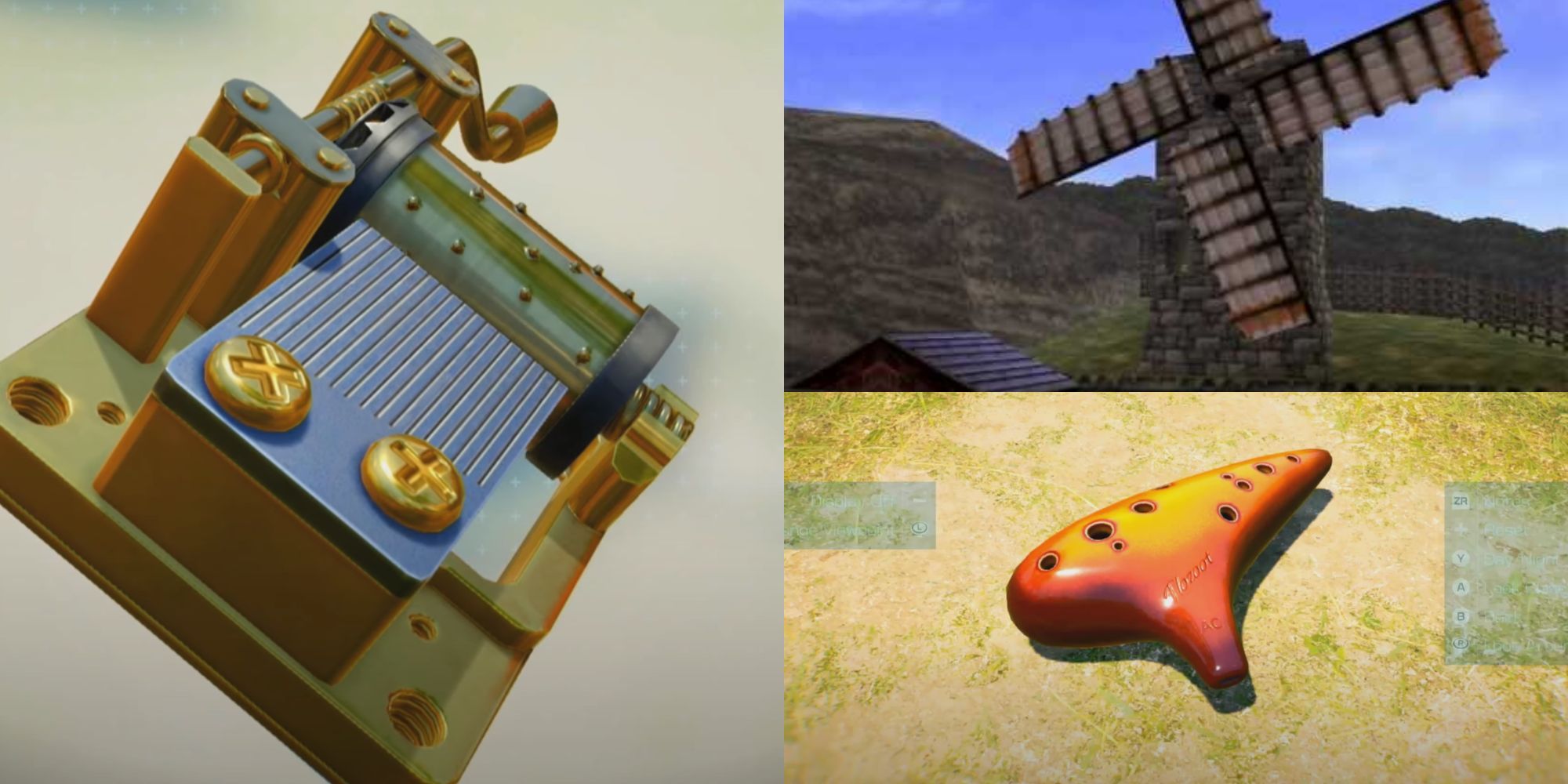 A split image of a metal, mechanical harp, a wooden ocarina, and a stone windmill.