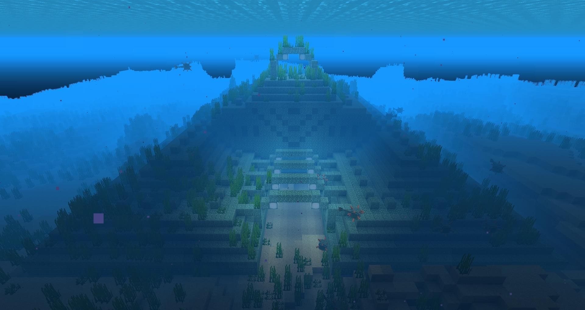 A player looking at an Ocean Monument in Minecraft. 