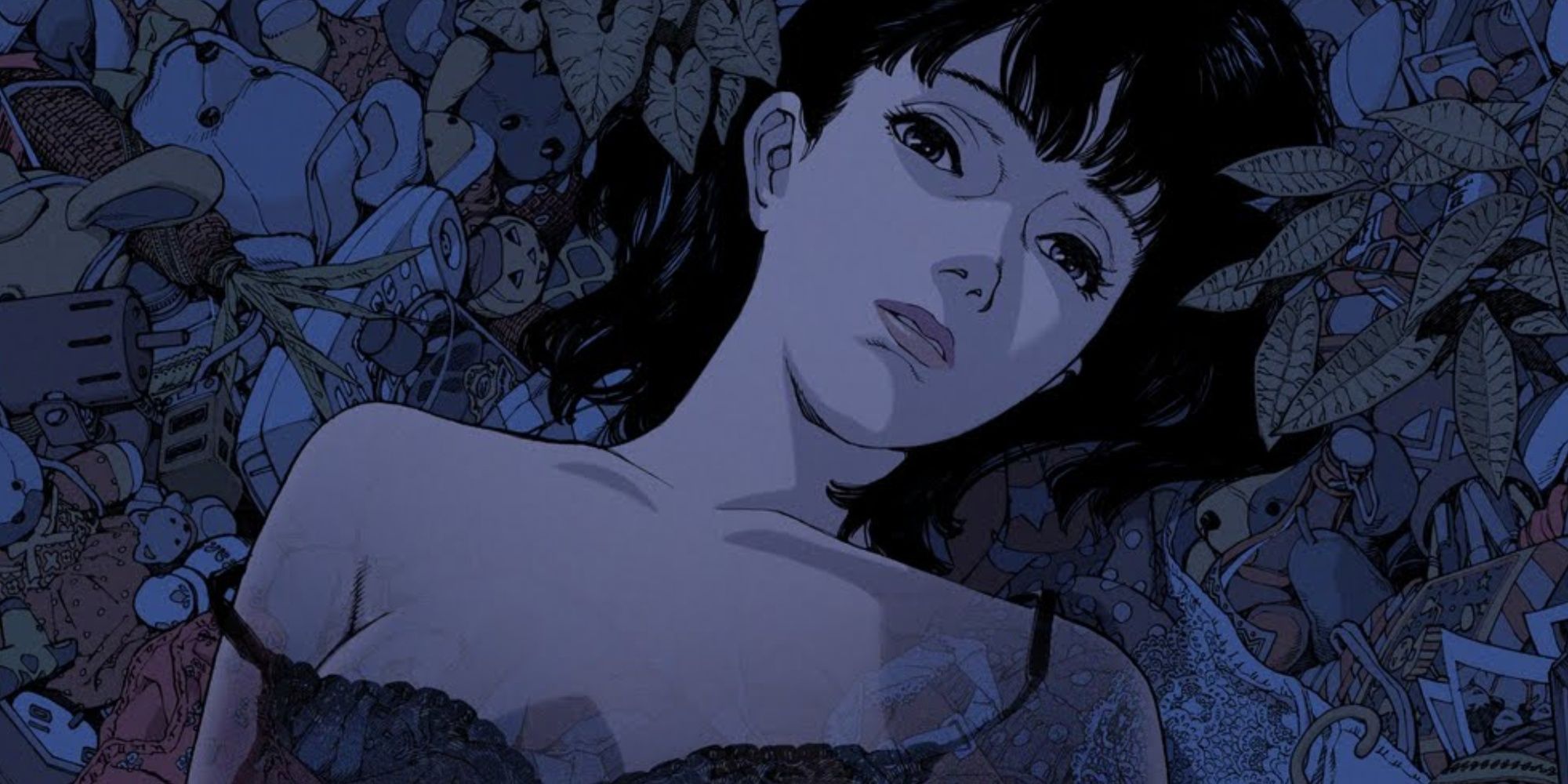 Official Perfect Blue poster of Mima Kirigoe laying on toys and plants