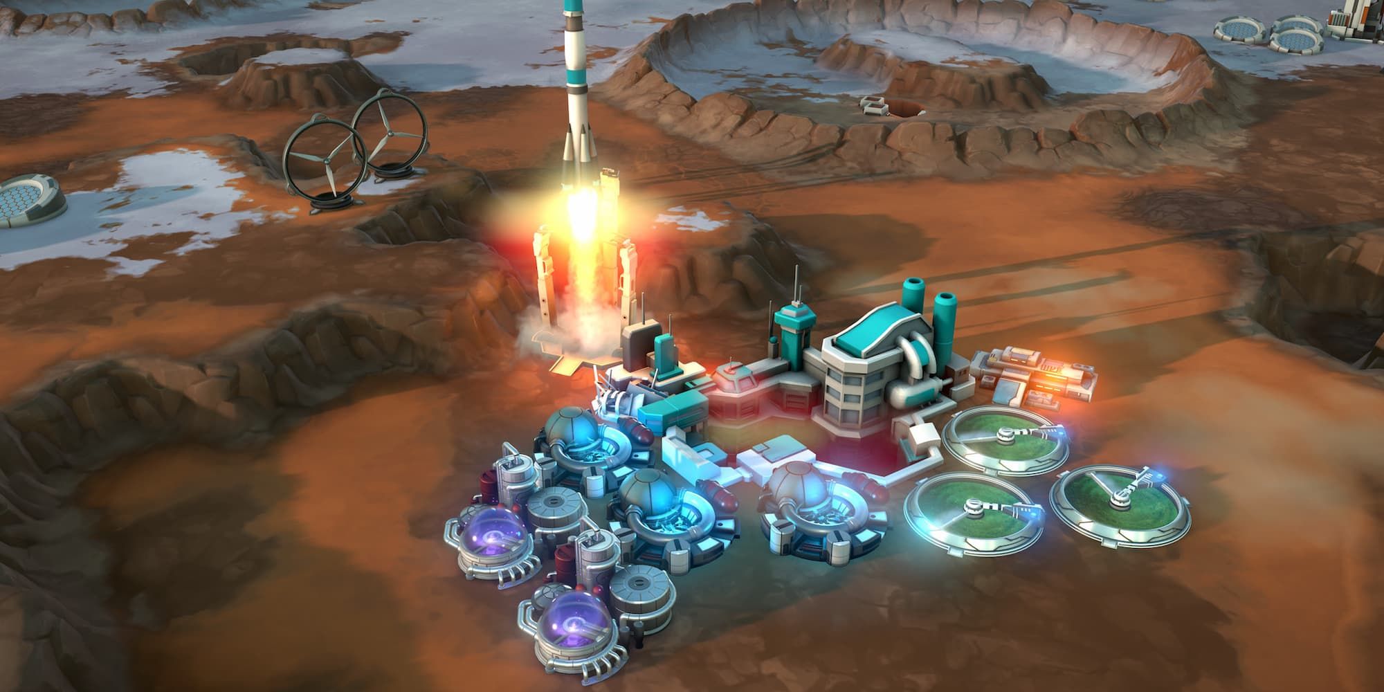 A rocket ship blasts off from a colony on Mars in Offworld Trading Company.