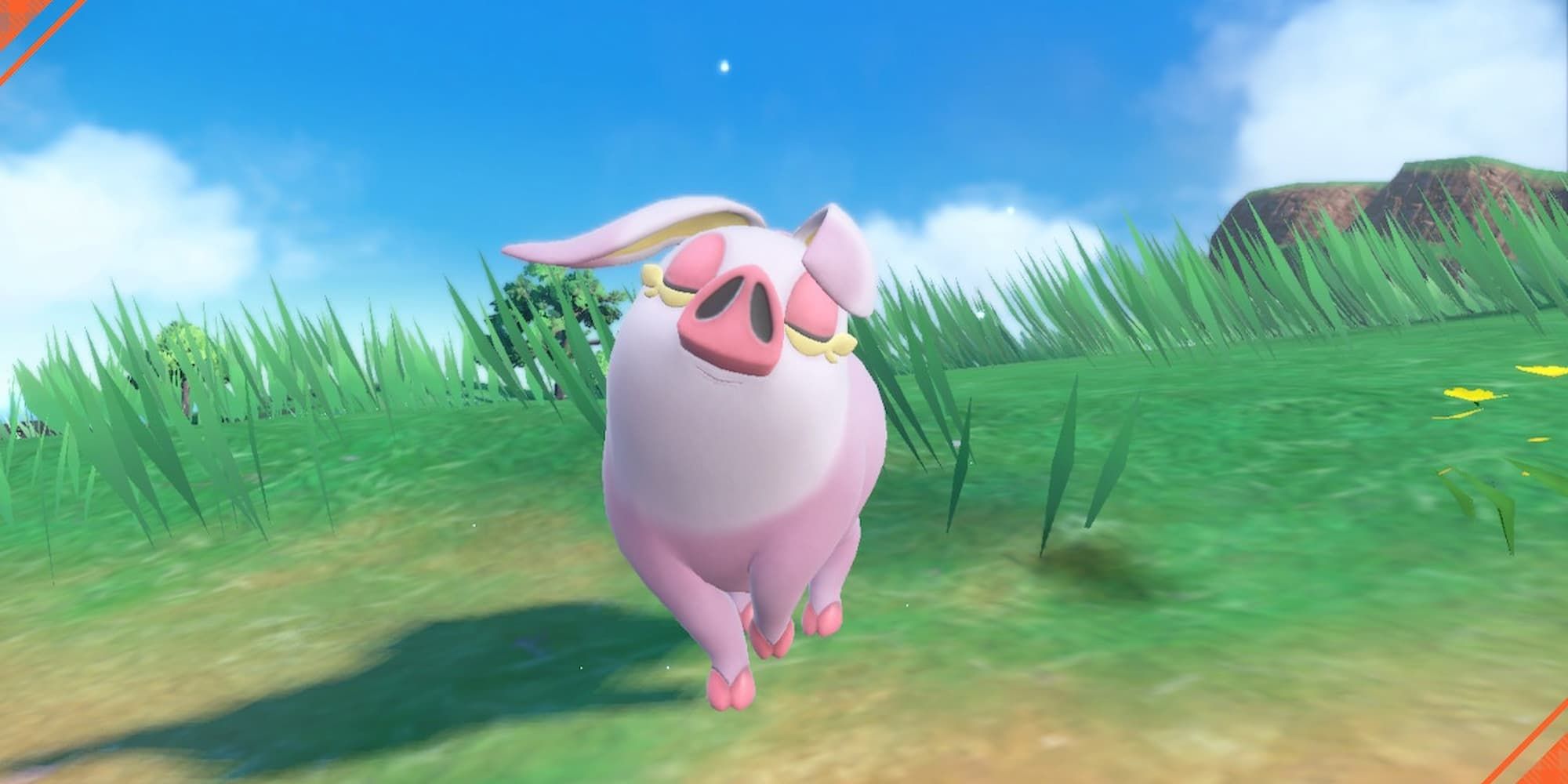A shiny Oinkologne frolics through a field of grass in Pokemon.