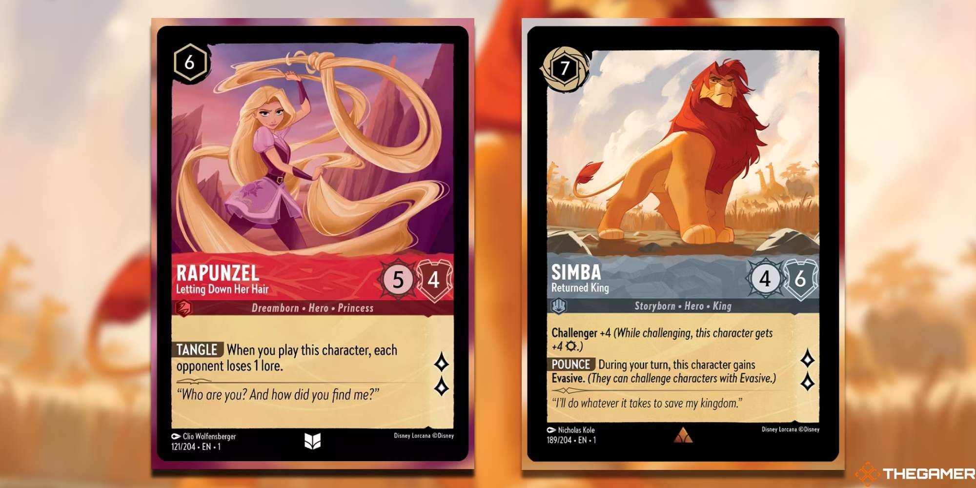 Rapunzel and Simba Disney Lorcana cards side by side