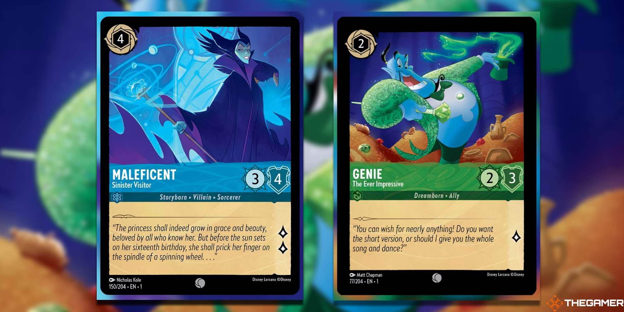 Maleficent and Genie Disney Lorcana cards side by side