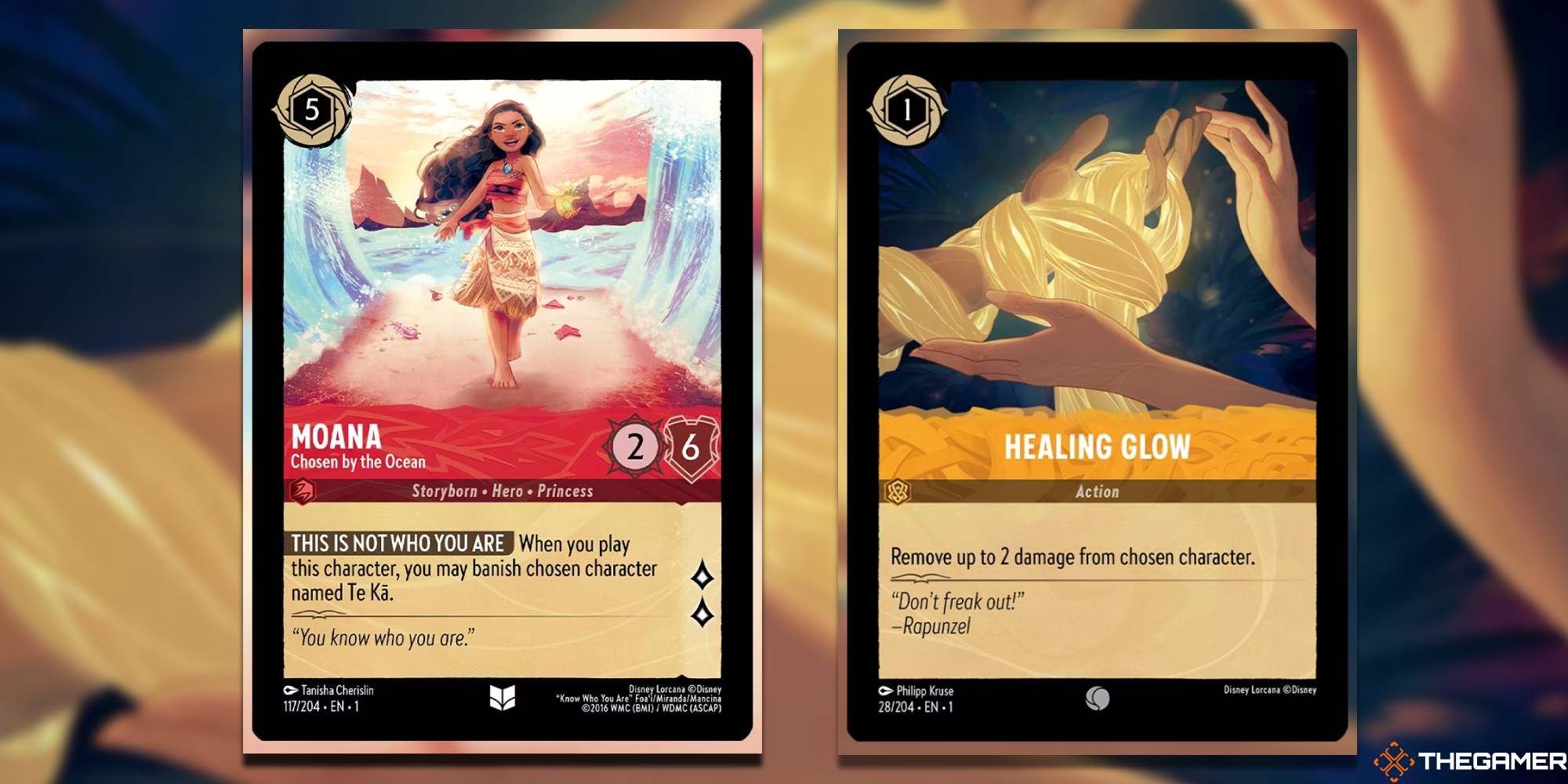 Moana and Healing Glow Disney Lorcana cards side by side