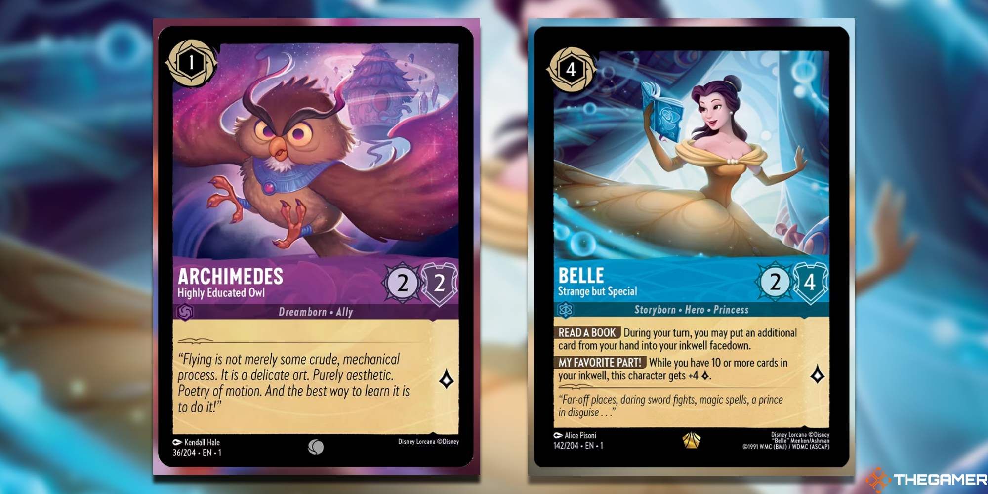Disney Lorcana Archimedes and Belle cards side by side
